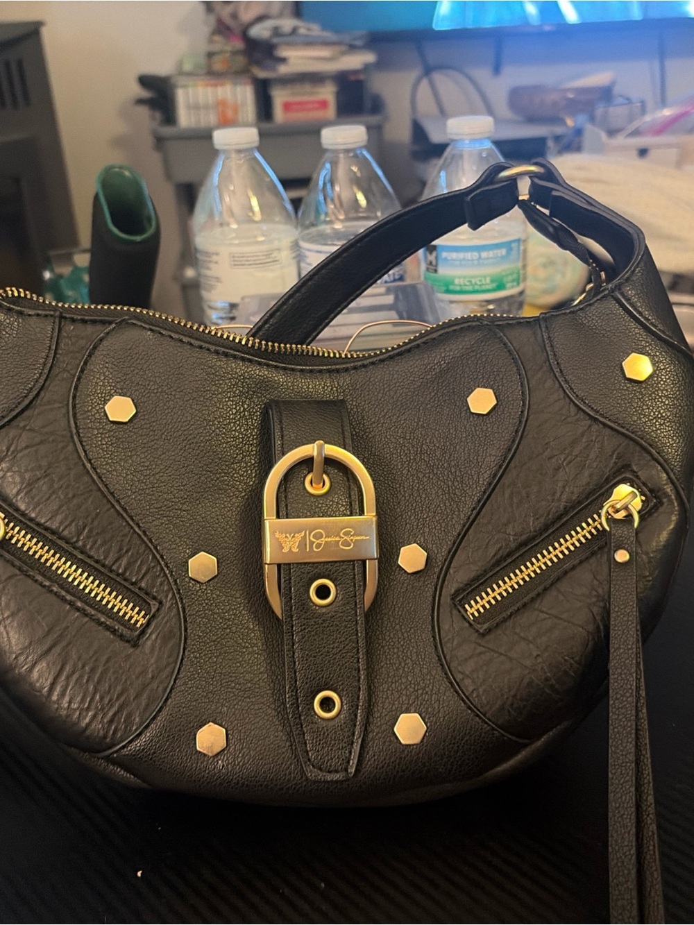 Jessica Simpson Black Leather Hobo with Gold Hardware